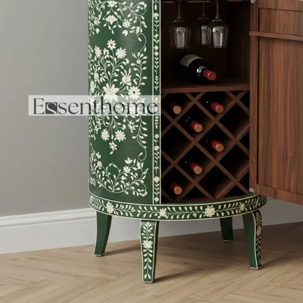 Essenthome Green floral bone inlay wine cabinet – Handcrafted Wooden End Table - Image 4