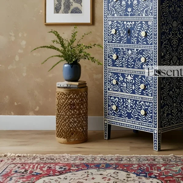Handmade Blue Bone Inlay Tallboy Dresser ? 5 Drawer Floral Storage Cabinet - Image 4