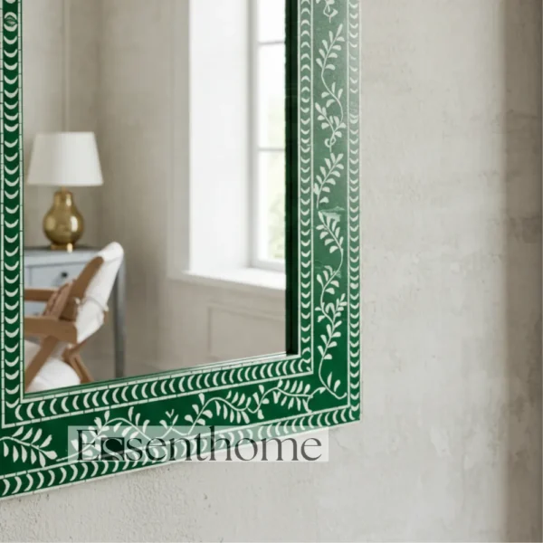 Handmade Bone Inlay Wall Mirror Floral Pattern Green ? Free Photo Frame - Image 5