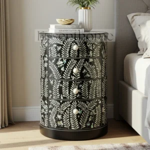 Essenthome Black Floral Mother of Pearl Inlay Round Nightstand ? 4 Drawer Handmade Bedside Table
