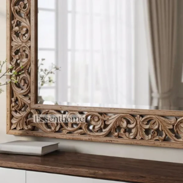 Floral Wooden Wall Mirror - Brown - Image 4