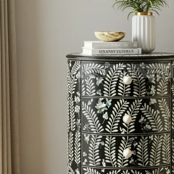 Essenthome Black Floral Mother of Pearl Inlay Round Nightstand ? 4 Drawer Handmade Bedside Table - Image 2