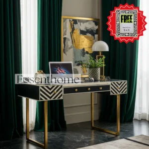 Essenthome Black Bone Inlay Console Table ? Handmade Floral Leaf Design with Drawers | Luxury Hallway & Living Room Furniture