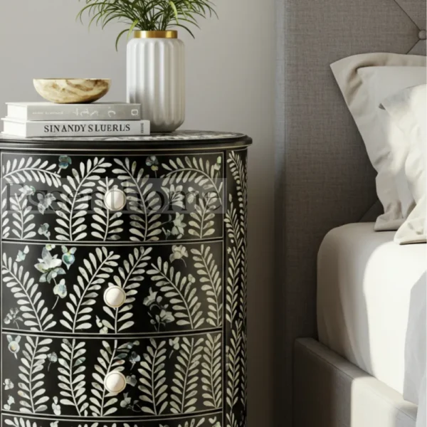 Essenthome Black Floral Mother of Pearl Inlay Round Nightstand ? 4 Drawer Handmade Bedside Table - Image 3