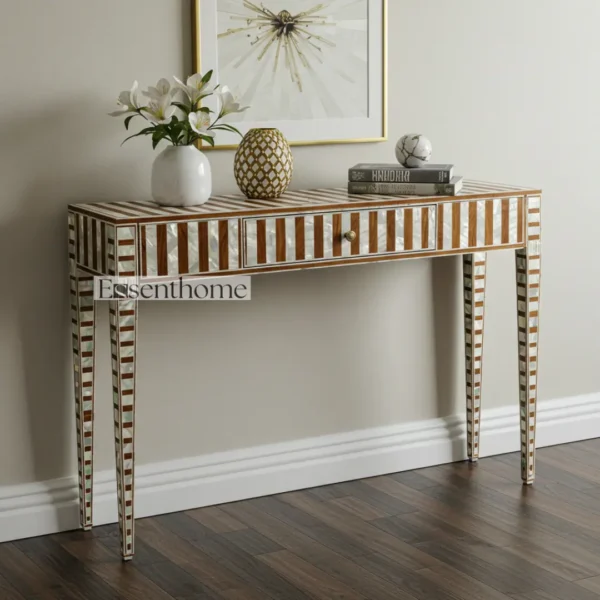 Essenthome Bone & Mother-of-Pearl Inlay Console Table with Drawer ? Handcrafted Mango Wood & Resin Elegance
