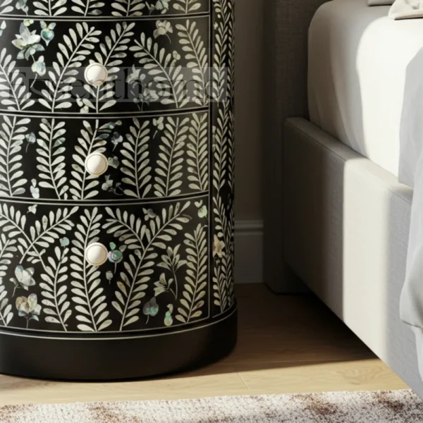 Essenthome Black Floral Mother of Pearl Inlay Round Nightstand ? 4 Drawer Handmade Bedside Table - Image 4