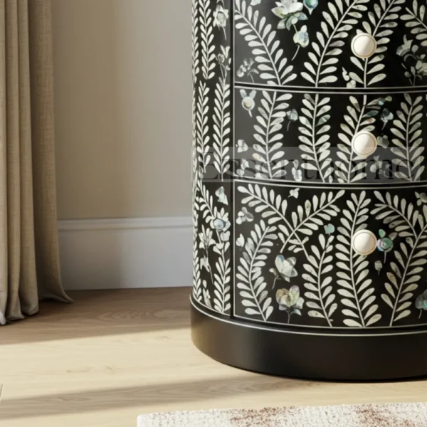 Essenthome Black Floral Mother of Pearl Inlay Round Nightstand ? 4 Drawer Handmade Bedside Table - Image 5