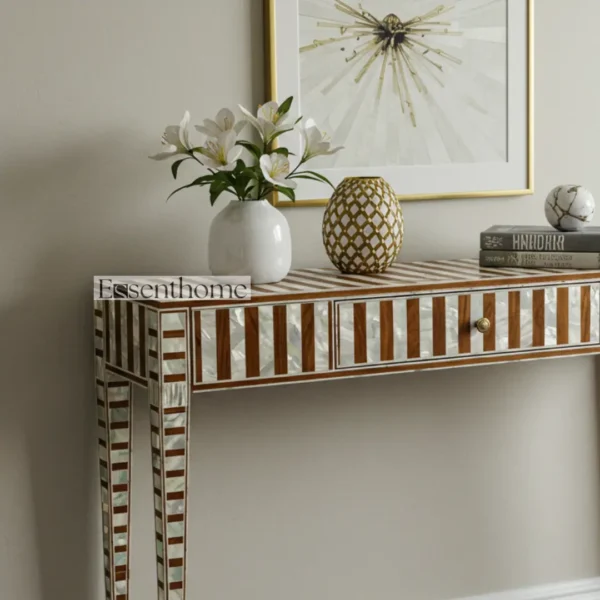 Essenthome Bone & Mother-of-Pearl Inlay Console Table with Drawer ? Handcrafted Mango Wood & Resin Elegance - Image 3
