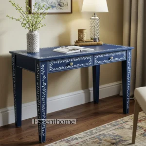 Essenthome Navy Blue Bone Inlay Desk – Floral, Handmade, 2 Drawers
