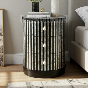Essenthome Mother of Pearl Inlay Round Bedside Table ? 3 Drawer Handmade Nightstand