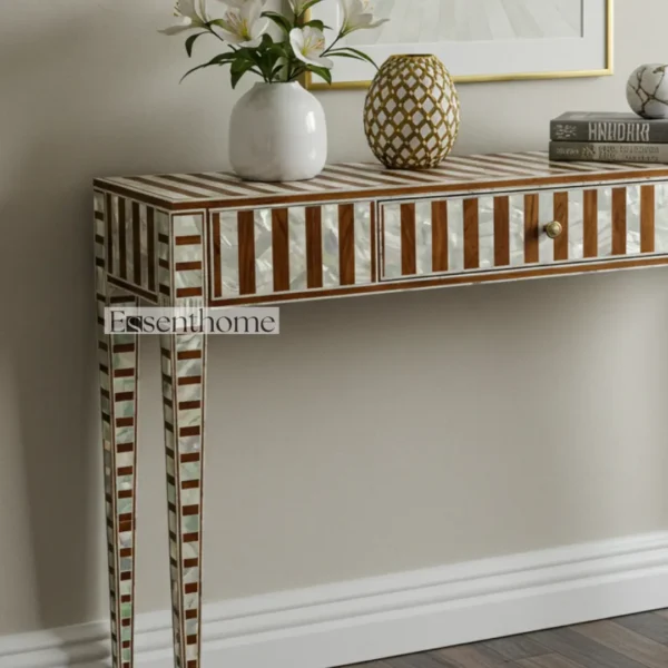 Essenthome Bone & Mother-of-Pearl Inlay Console Table with Drawer ? Handcrafted Mango Wood & Resin Elegance - Image 4