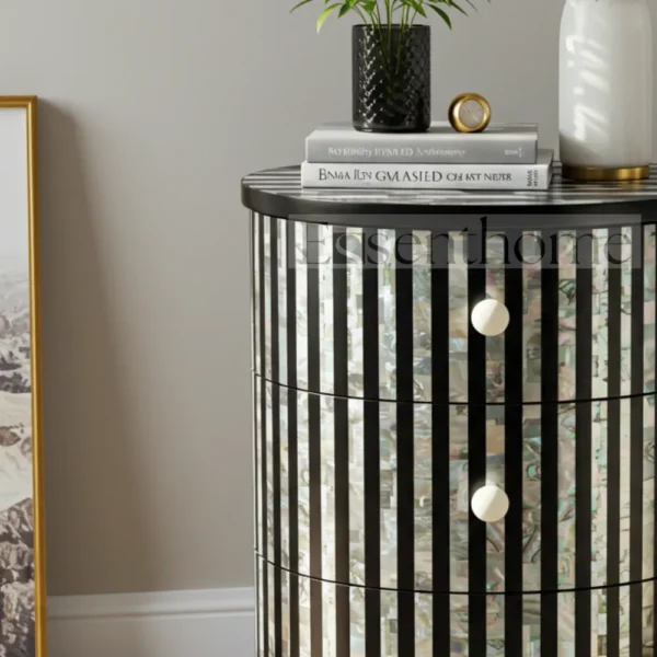 Essenthome Mother of Pearl Inlay Round Bedside Table ? 3 Drawer Handmade Nightstand - Image 2
