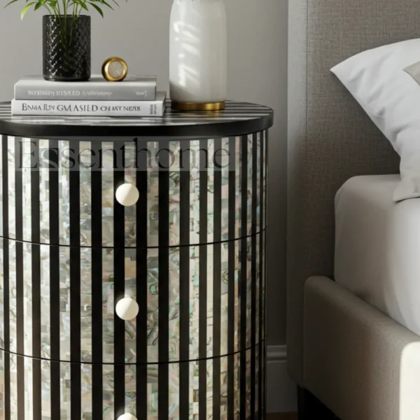 Essenthome Mother of Pearl Inlay Round Bedside Table ? 3 Drawer Handmade Nightstand - Image 4