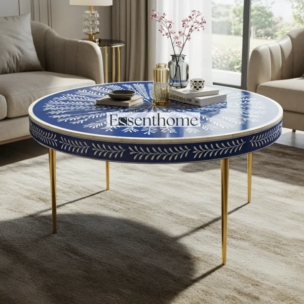 Essenthome Blue Bone Inlay Round Coffee Table ? Handmade Floral Accent Table