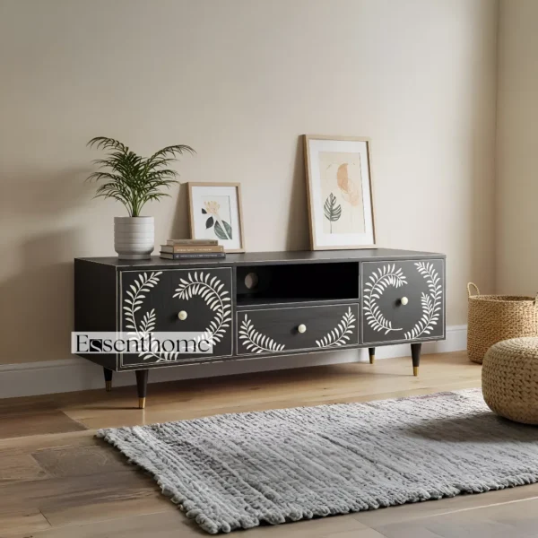 Essenthome Black Floral Inlay Wooden TV Unit ? Handcrafted Media Console with Storage