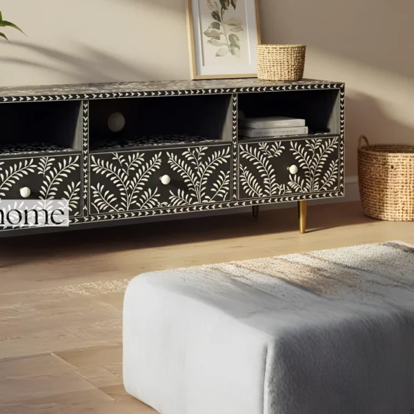 Essenthome Black Floral Inlay Wooden TV Unit ? Handcrafted Media Console with Storage - Image 5