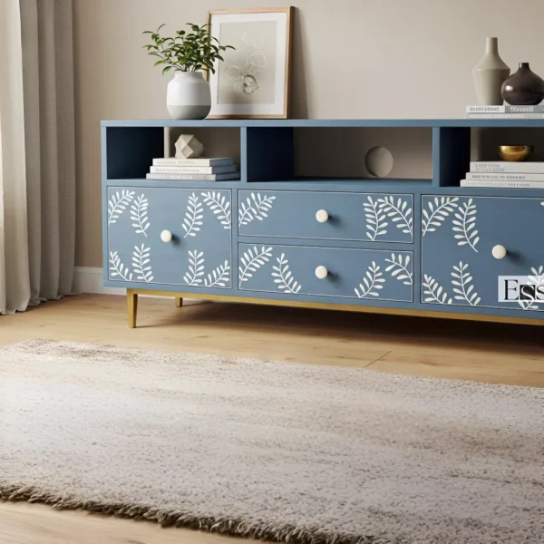 Essenthome Blue Floral Inlay Wooden TV Unit ? Handcrafted Media Console with Storage - Image 2