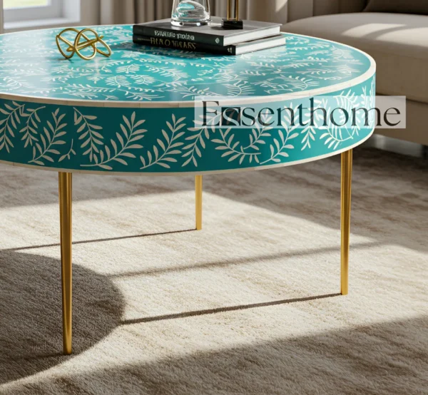 Essenthome Green Bone Inlay Round Coffee Table ? Handmade Floral Accent Table with Gold Metal Legs - Image 5