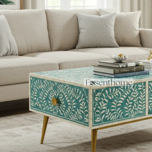Essenthome Teal Bone Inlay Coffee Table with Storage & Brass Legs - Image 5