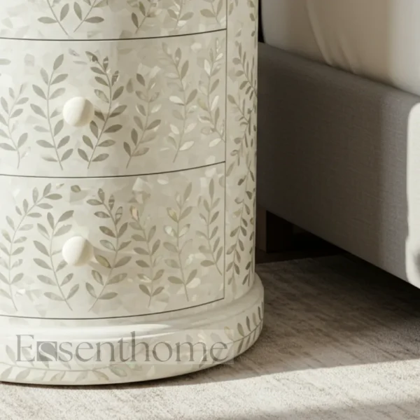 White Floral Mother of Pearl Round Nightstand – Handmade 3 Drawer Bedside Table - Image 5