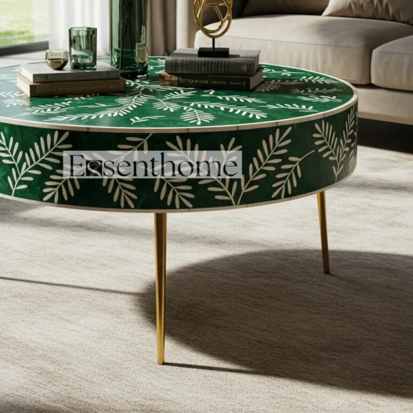 Essenthome Green Bone Inlay Round Coffee Table ? Handmade Floral Accent Table with Gold Metal Legs - Image 5