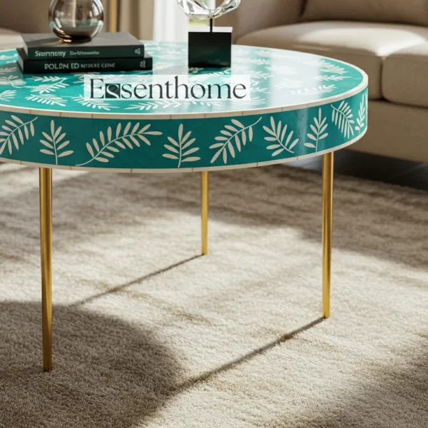 Essenthome Green Bone Inlay Round Coffee Table ? Handmade Floral Accent Table with Gold Metal Legs - Image 5