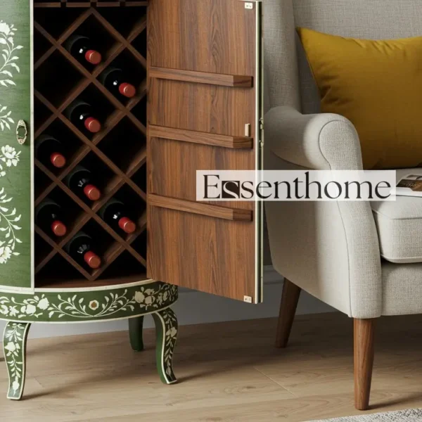Essenthome Pink Floral Bone Inlay Wine Cabinet – Handmade bar storage cabinet with Glass & Bottle Holders - Image 5