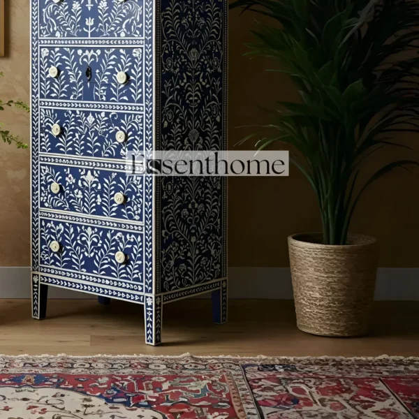 Handmade Blue Bone Inlay Tallboy Dresser ? 5 Drawer Floral Storage Cabinet - Image 5