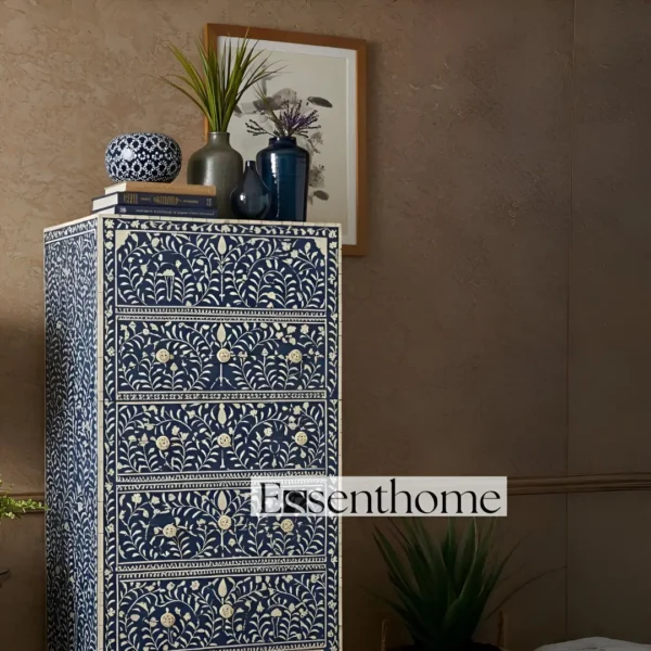 Handmade Navy blue Bone Inlay Tallboy Dresser ? 6 Drawer Floral Storage Cabinet - Image 5
