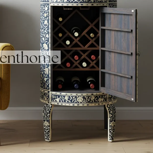 Essenthome Blue Floral Bone Inlay Wine Wooden End Table - Image 5