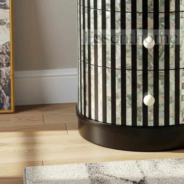 Essenthome Mother of Pearl Inlay Round Bedside Table ? 3 Drawer Handmade Nightstand - Image 5