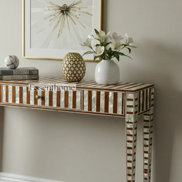 Essenthome Bone & Mother-of-Pearl Inlay Console Table with Drawer ? Handcrafted Mango Wood & Resin Elegance - Image 8