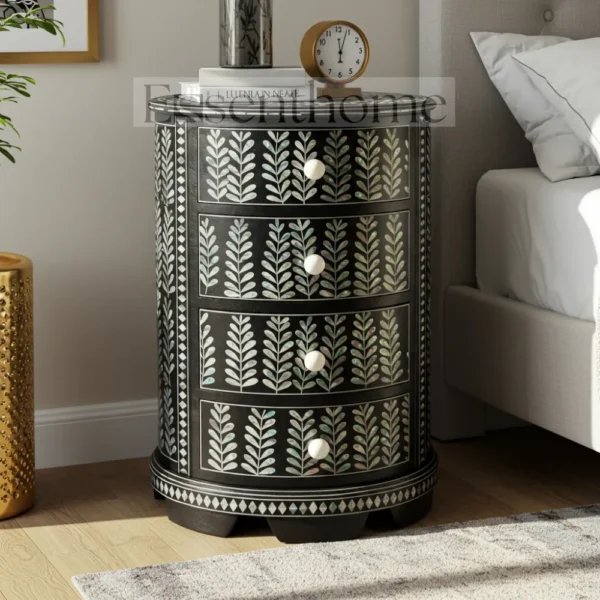 Essenthome Black Floral Mother of Pearl Inlay Round Nightstand ? 4 Drawer
