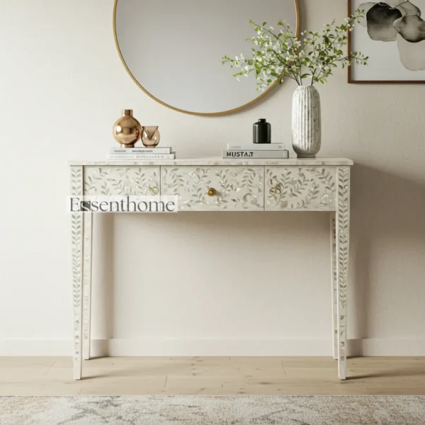 Essenthome Ivory Floral Bone Inlay Console Table ? Handcrafted Mango Wood & Resin Boho-Chic Entryway Accent