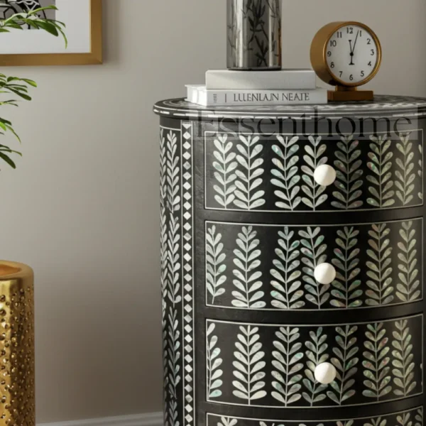 Essenthome Black Floral Mother of Pearl Inlay Round Nightstand ? 4 Drawer - Image 2