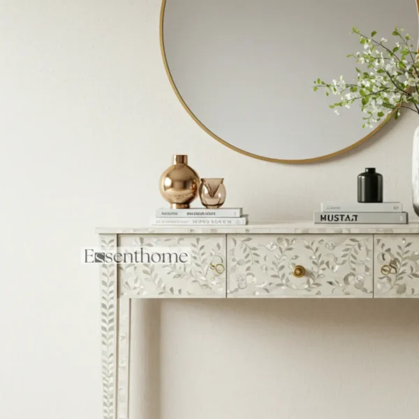 Essenthome Ivory Floral Bone Inlay Console Table ? Handcrafted Mango Wood & Resin Boho-Chic Entryway Accent - Image 2