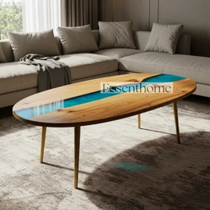 Essenthome Brown Oval Wooden Coffee Table – Handcrafted Living Room Centerpiece