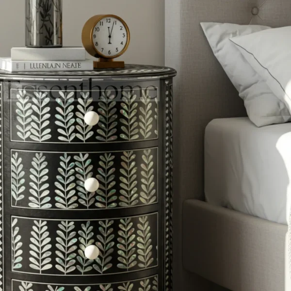 Essenthome Black Floral Mother of Pearl Inlay Round Nightstand ? 4 Drawer - Image 3