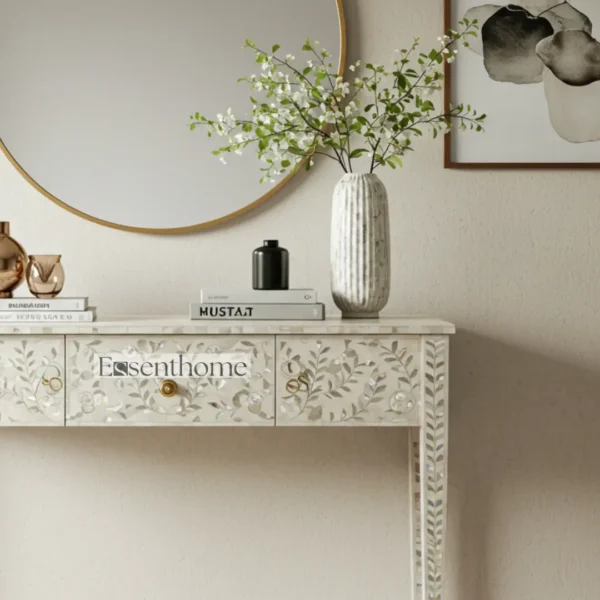 Essenthome Ivory Floral Bone Inlay Console Table ? Handcrafted Mango Wood & Resin Boho-Chic Entryway Accent - Image 3
