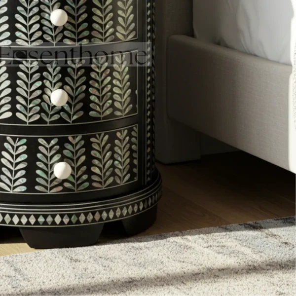 Essenthome Black Floral Mother of Pearl Inlay Round Nightstand ? 4 Drawer - Image 4