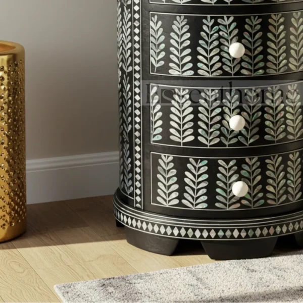Essenthome Black Floral Mother of Pearl Inlay Round Nightstand ? 4 Drawer - Image 5