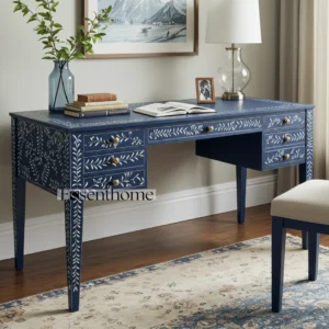 Essenthome Navy Blue Bone Inlay Writing Desk – 2 Drawers, Handcrafted Mango Wood