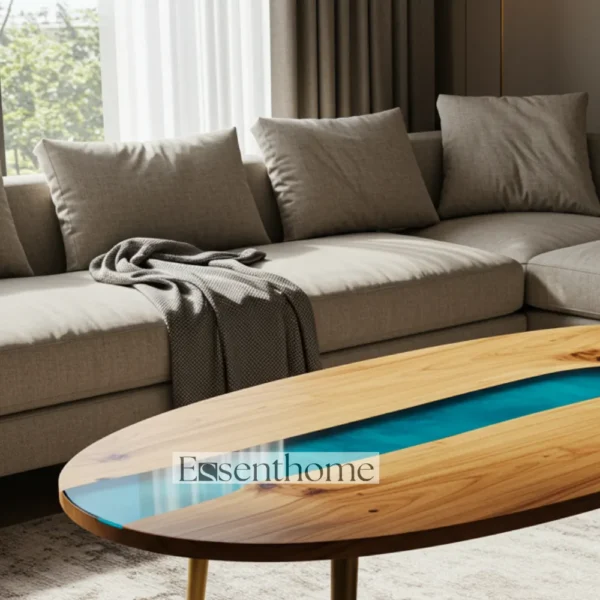 Essenthome Brown Oval Wooden Coffee Table – Handcrafted Living Room Centerpiece - Image 4