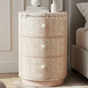 Essenthome Blush Pink Floral Mother of Pearl Inlay Round Nightstand ? 3 Drawer Handmade Bedside Table