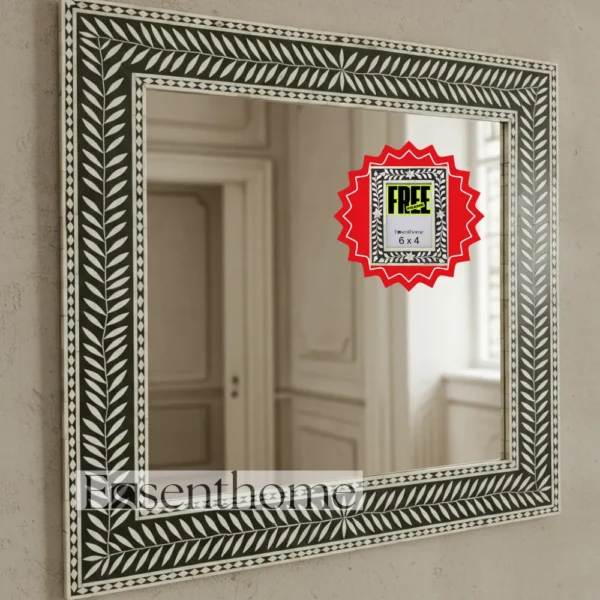 Essenthome Black Bone Inlay Wall Mirror ? Handmade Floral Leaf Pattern Rectangle Frame