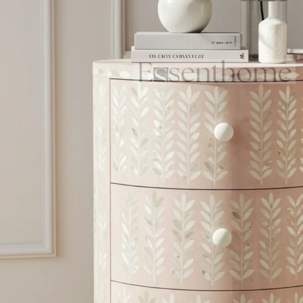 Essenthome Blush Pink Floral Mother of Pearl Inlay Round Nightstand ? 3 Drawer Handmade Bedside Table - Image 2