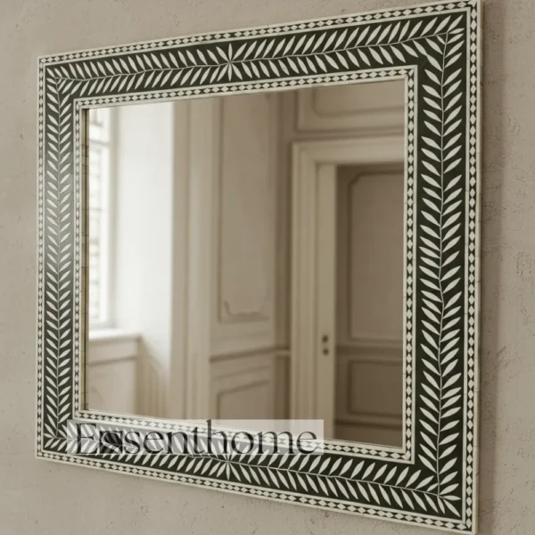 Essenthome Black Bone Inlay Wall Mirror ? Handmade Floral Leaf Pattern Rectangle Frame - Image 2
