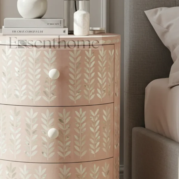 Essenthome Blush Pink Floral Mother of Pearl Inlay Round Nightstand ? 3 Drawer Handmade Bedside Table - Image 4