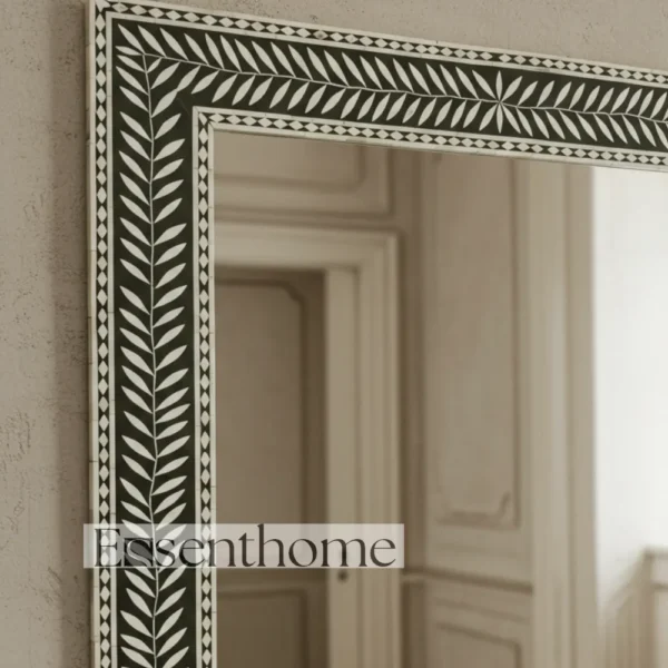 Essenthome Black Bone Inlay Wall Mirror ? Handmade Floral Leaf Pattern Rectangle Frame - Image 3