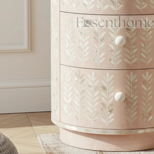 Essenthome Blush Pink Floral Mother of Pearl Inlay Round Nightstand ? 3 Drawer Handmade Bedside Table - Image 3